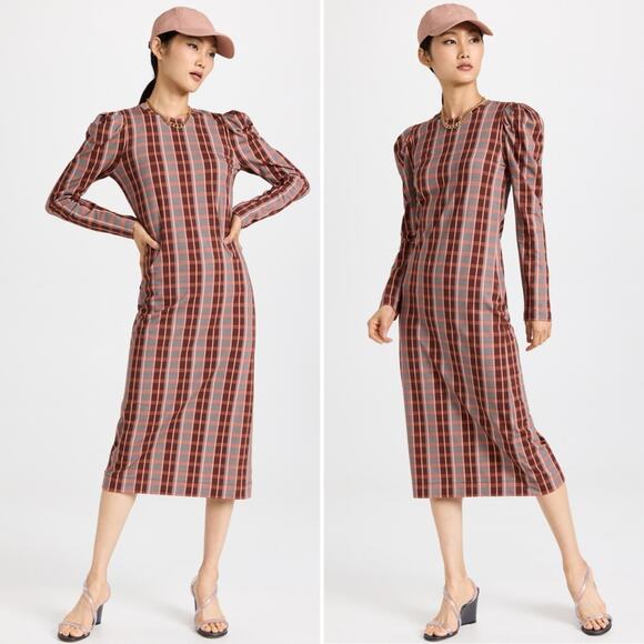 Tanya Taylor Nancy Midi Dress Dark Caramel/Rose Quartz Puff Long Sleeve Med NEW - Picture 8 of 9